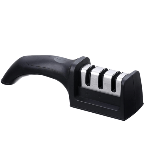 Zwarte Cutlix™ messenslijper met ergonomisch handvat en drie slijpsleuven voor keukenmessen.