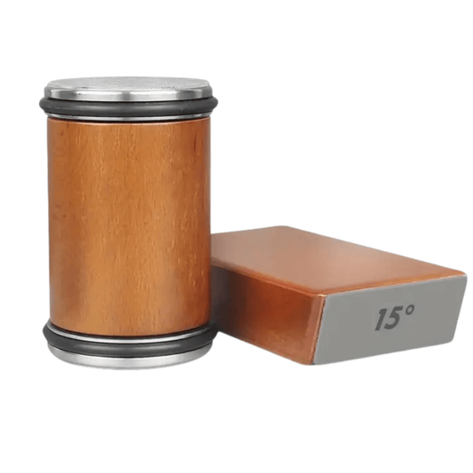 Houten SharpWood™ hoekversteller met metalen randen, getoond op 15 graden helling